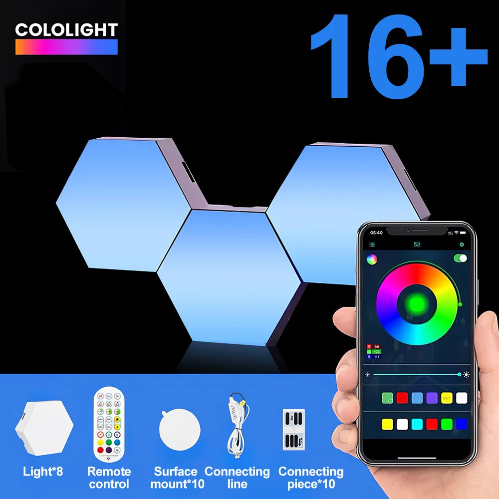 RGB LED Hexagon Light Bluetooth Honeycomb Wall Lamp Remote Control Night Light for Computer Game Room Decoration Bedroom Bedside