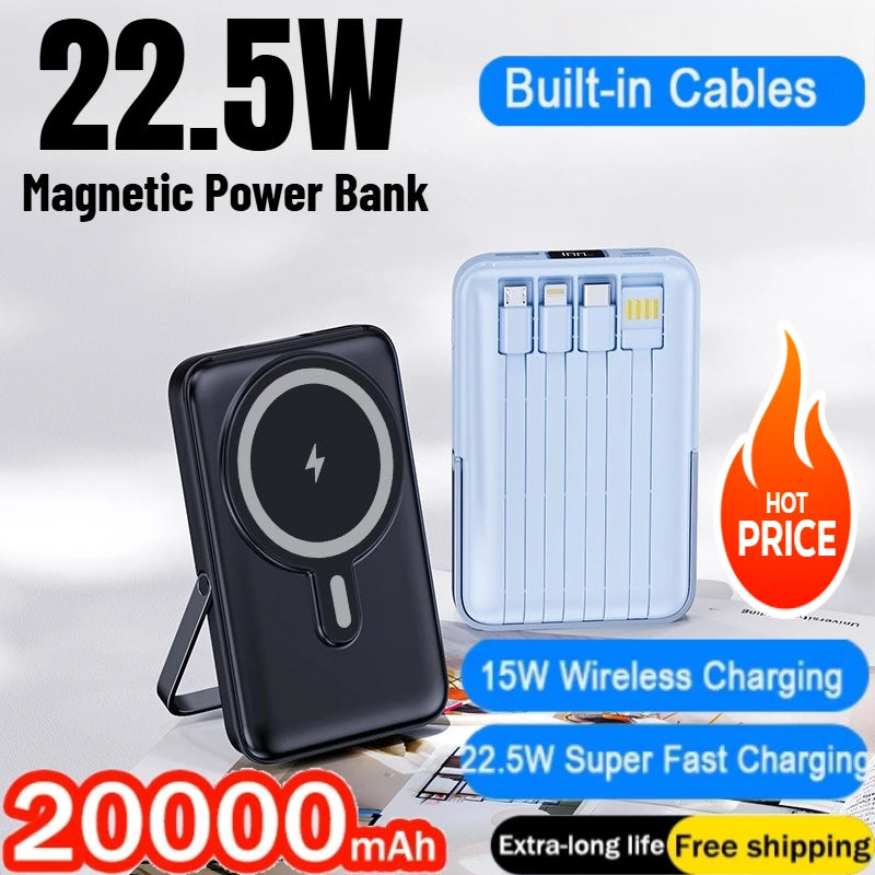 New 200000mAh Magnetic Wireless Power Bank with Phone Holder Portable Charger Fast Charging Battery for IPhone Magsafe PowerBank